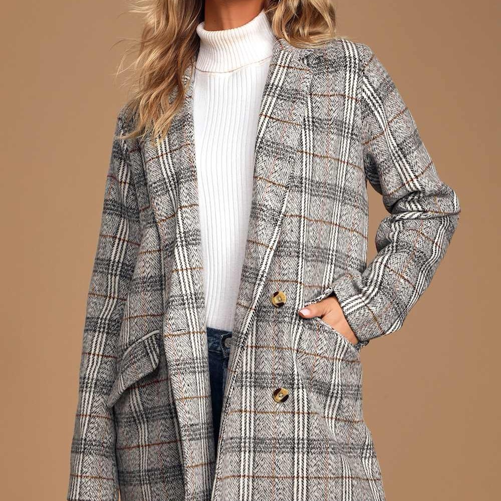 ⭐️LIKE NEW⭐️Lulus Riveting Tale Ivory Plaid Double  Breasted Blazer Coat L